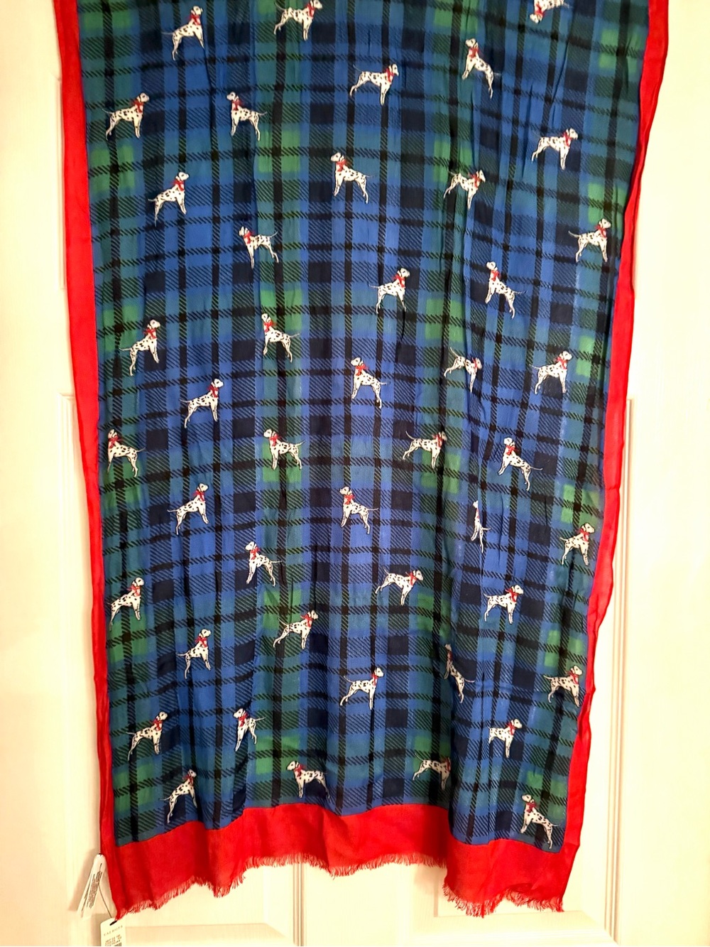 NEW Talbots Blue & Green Tartan Dalmatian Dog-Print Pet Scarf 72”z12” Red Trim